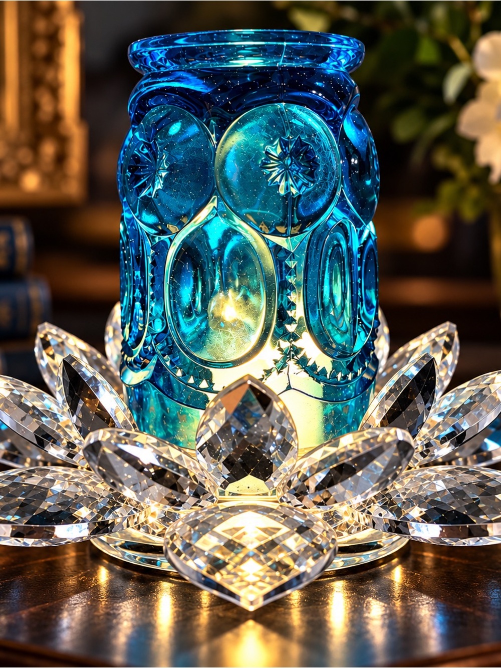 L.E. Smith Blue Moon & Stars Glass Lotus Fairy Lamp – Vintage Art Glass
